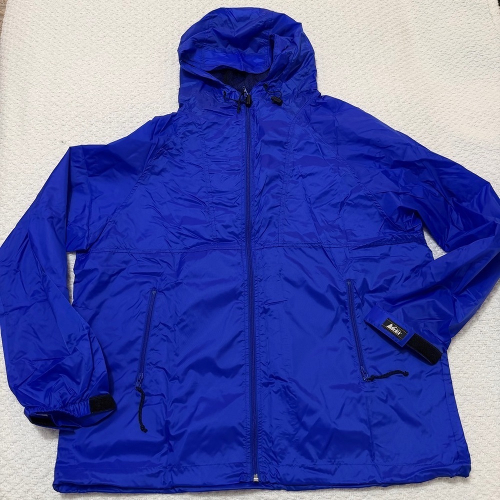 Vintage REI Windpack Packable Royal Blue Jacket Full Zip Hooded Unisex Size XL